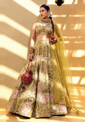 Yellow Printed Silk Blend Lehenga Set