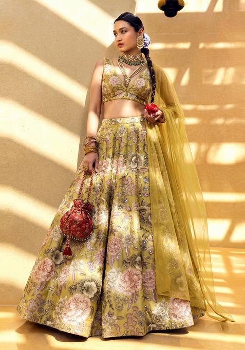 Yellow Printed Silk Lehenga Set