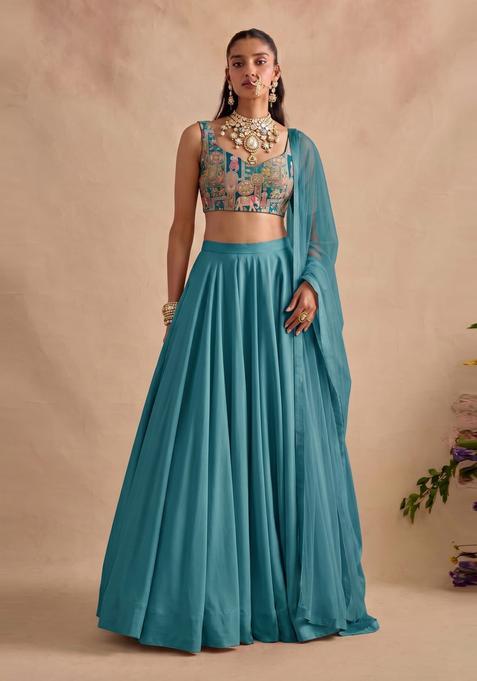 Teal Blue Silk Lehenga Set