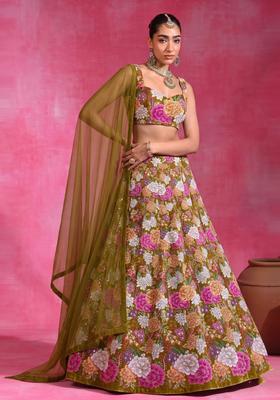 Mustard Printed Crepe Lehenga Set