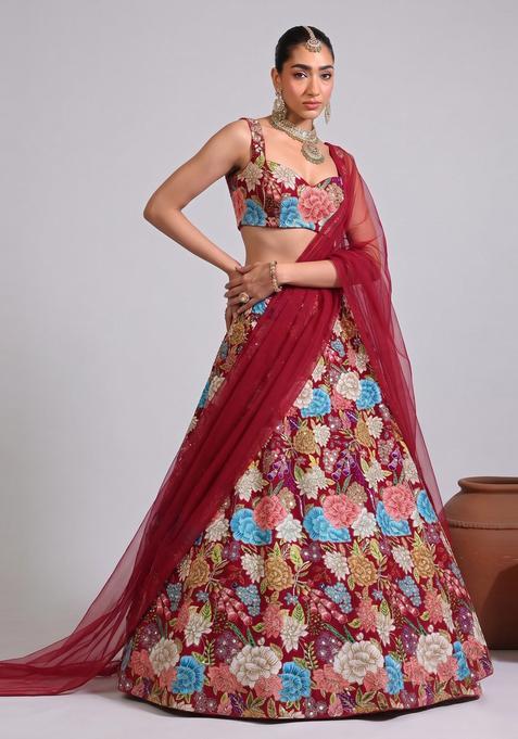 Maroon Printed Crepe Lehenga Set