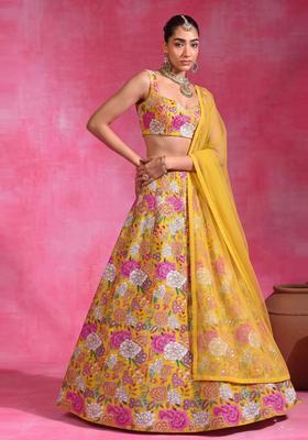 Mustard Printed Crepe Lehenga Set