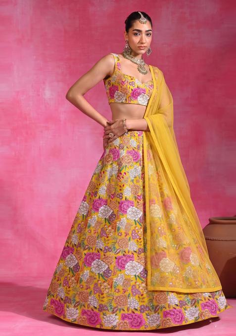 Mustard Printed Crepe Lehenga Set