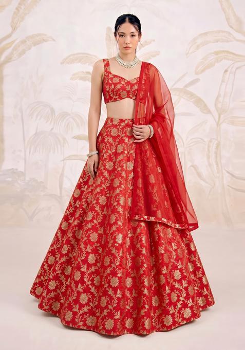 Bright Red Brocade Lehenga Set