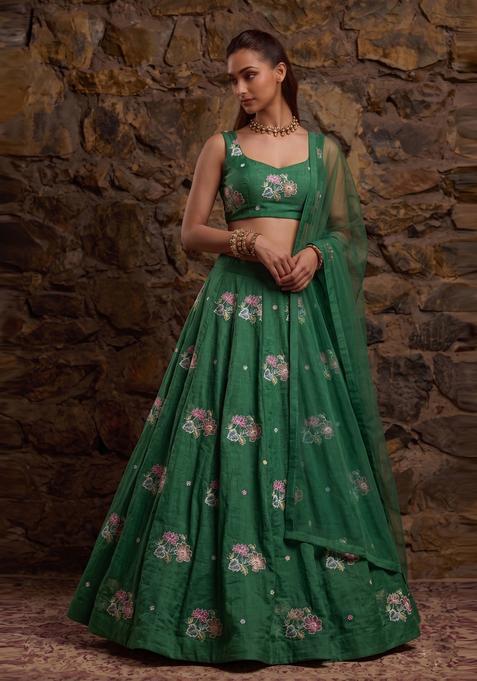 Emerald Green Embroidered Organza Lehenga Set