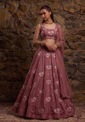 Dusty Mauve Embroidered Organza Lehenga Set