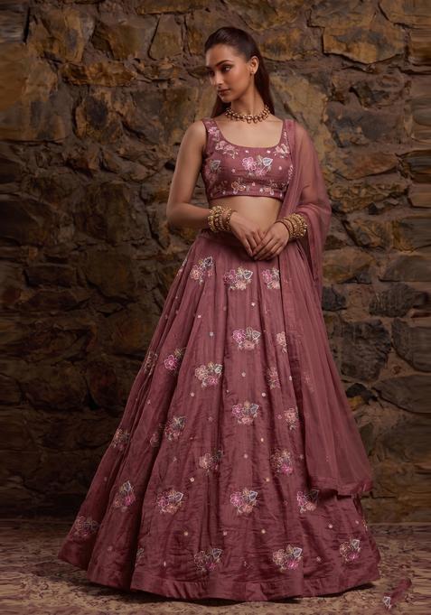 Dusty Mauve Embroidered Organza Lehenga Set