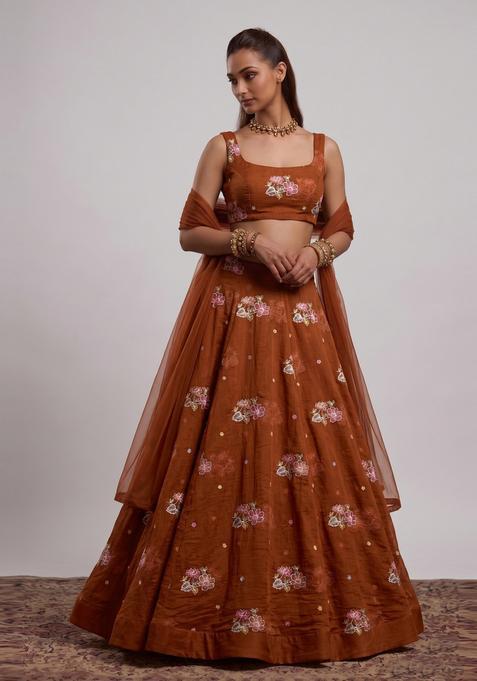 Rust Brown Embroidered Organza Lehenga Set