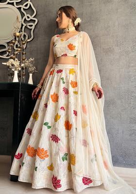 Cream Printed Silk Blend Lehenga Set