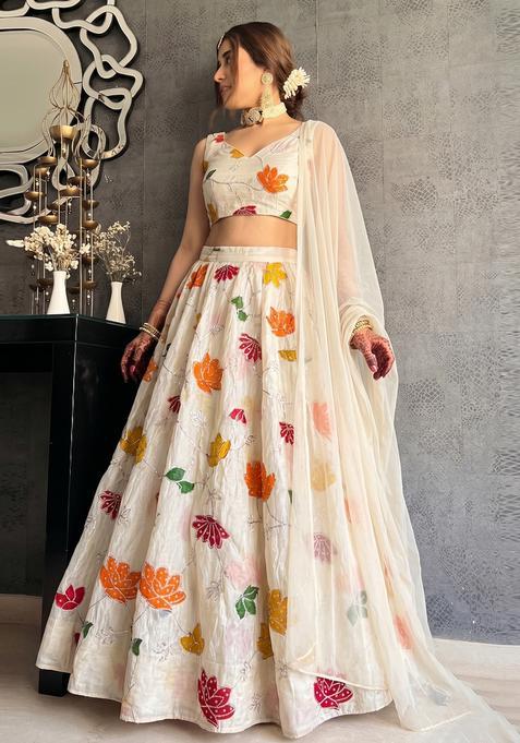 Cream Printed Silk Lehenga Set