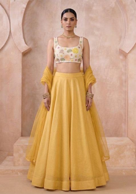 White Embroidered Silk Lehenga Set