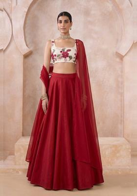 White Embroidered Silk Blend Lehenga Set