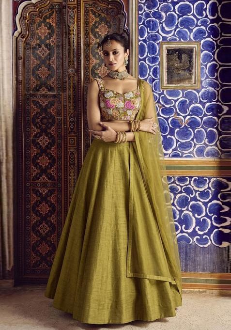 Olive Green Printed Crepe Lehenga Set