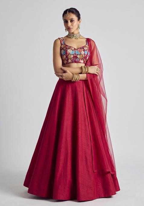 Red Printed Crepe Lehenga Set