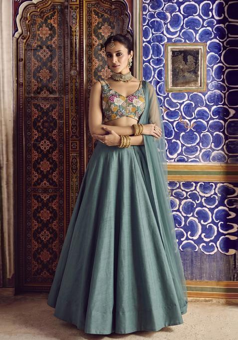 Deep Teal Green Printed Crepe Lehenga Set