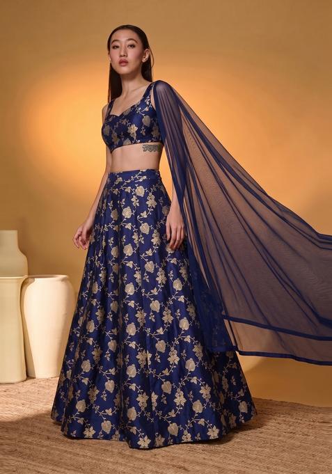 Navy Blue Silk Lehenga Set