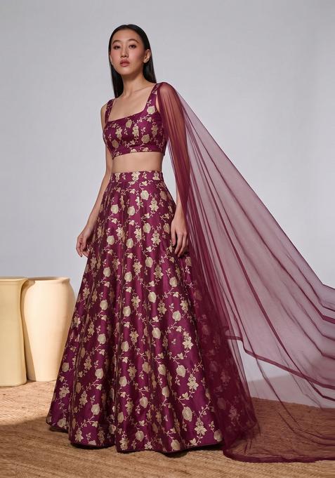 Deep Maroon Silk Lehenga Set
