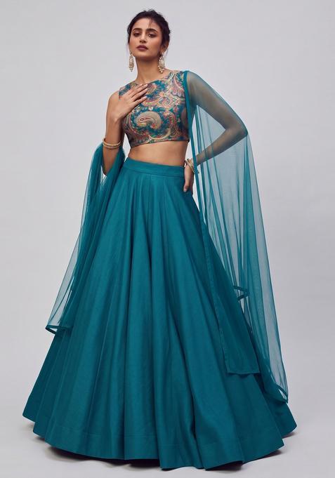 Teal Blue Printed Brocade Lehenga Set