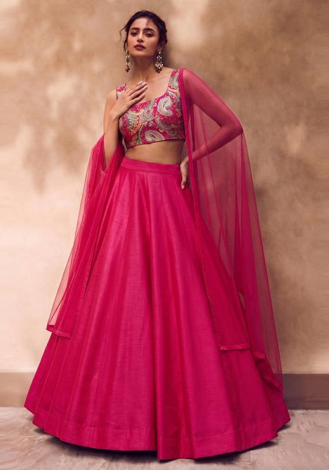 Fuchsia Pink Printed Brocade Lehenga Set