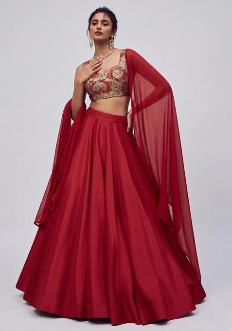 Dark Red Printed Brocade Lehenga Set