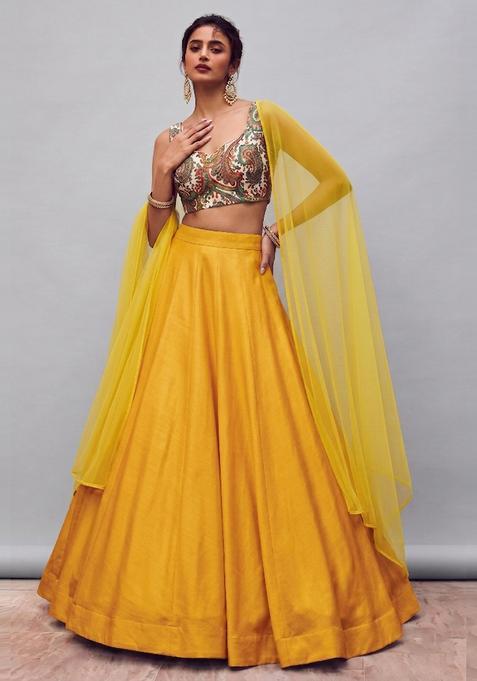 White Printed Brocade Lehenga Set
