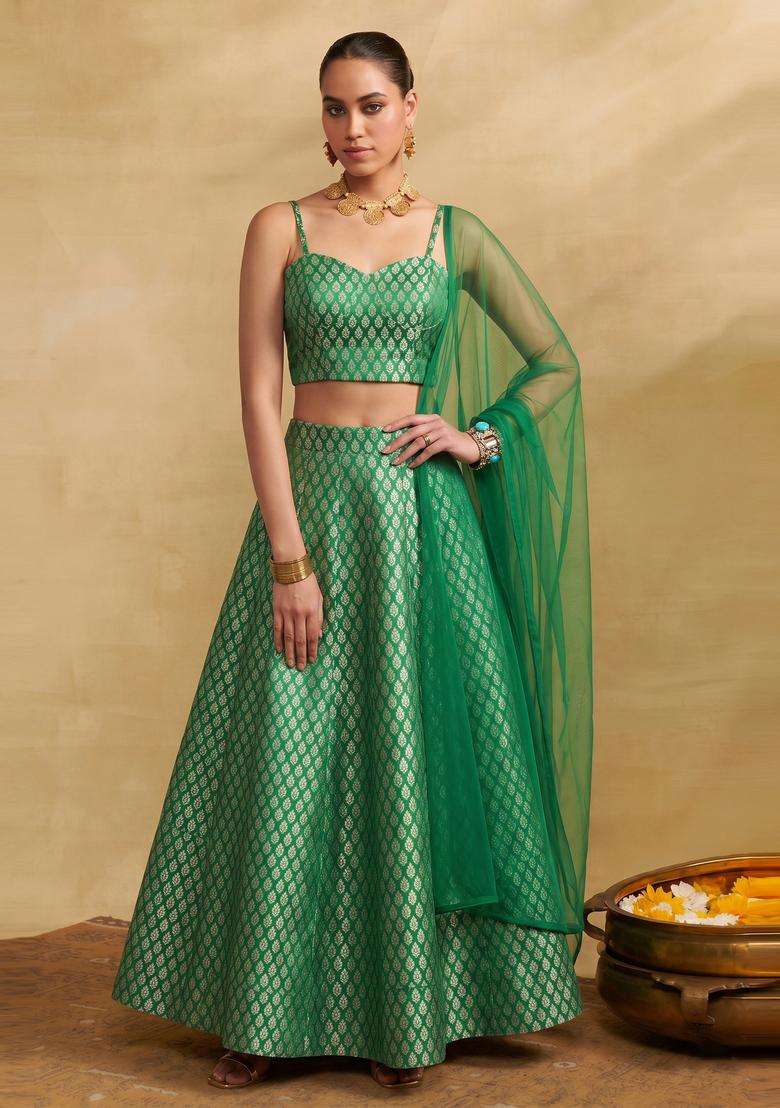 Emerald Green Brocade Lehenga Set - Indya