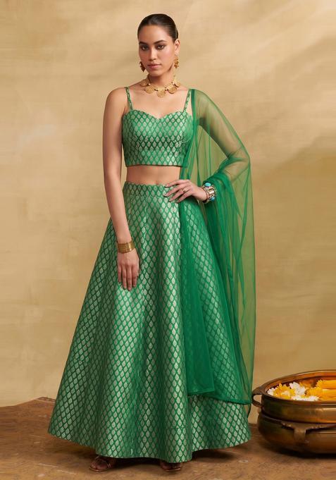 Emerald Green Brocade Lehenga Set
