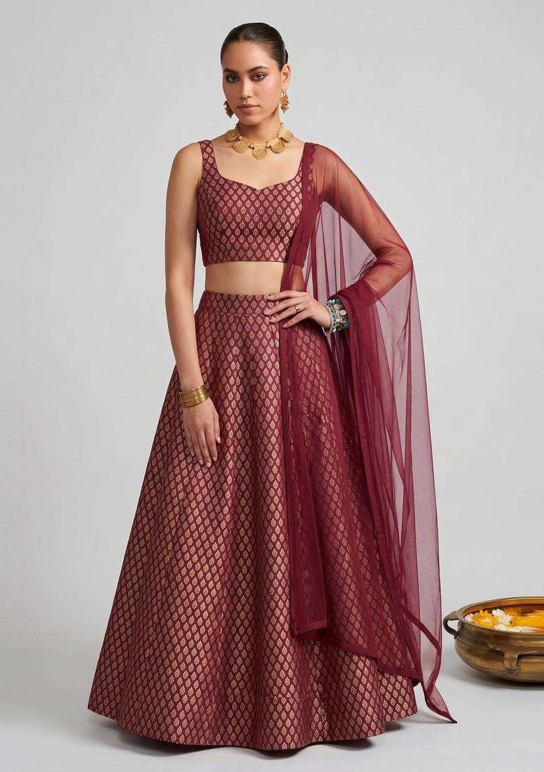 Wine Maroon Brocade Lehenga Set - Indya
