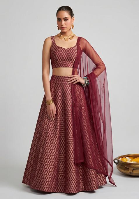 Wine Maroon Brocade Lehenga Set