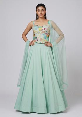 Mint Printed Crepe Lehenga Set