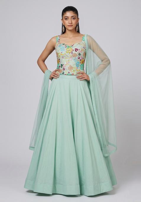 Mint Printed Crepe Lehenga Set