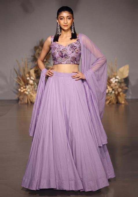 Lavender Printed Crepe Lehenga Set