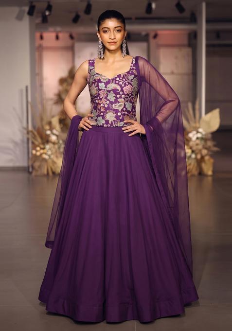Purple Printed Crepe Lehenga Set