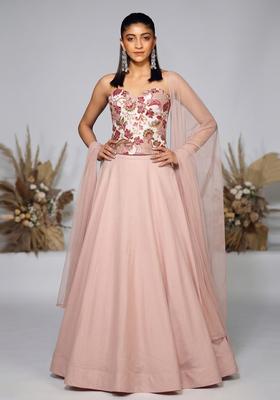 Beige Printed Crepe Lehenga Set