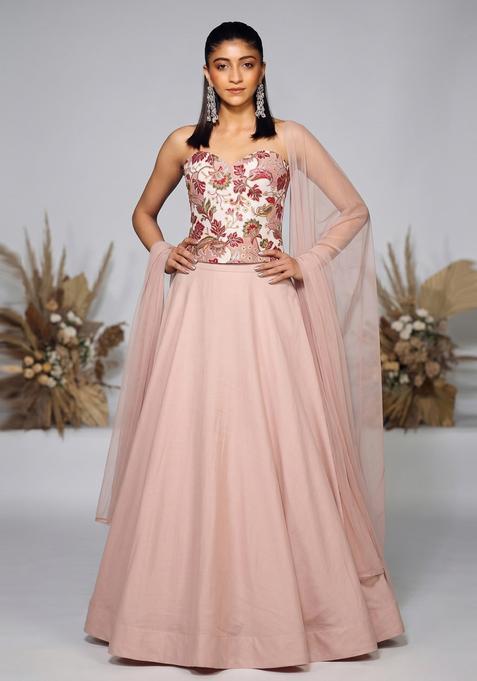 Beige Printed Crepe Lehenga Set