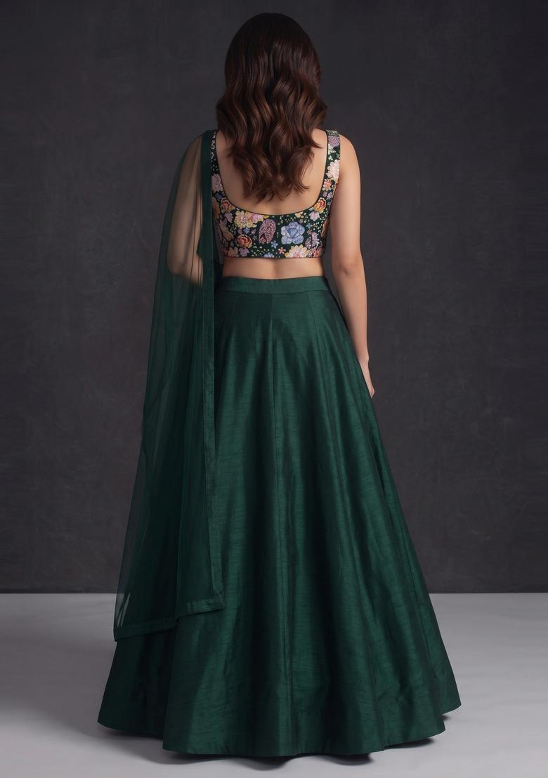Bottle Green Printed Crepe Lehenga Set - Indya