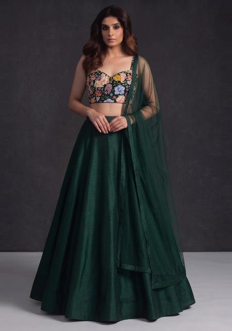 Bottle Green Printed Crepe Lehenga Set
