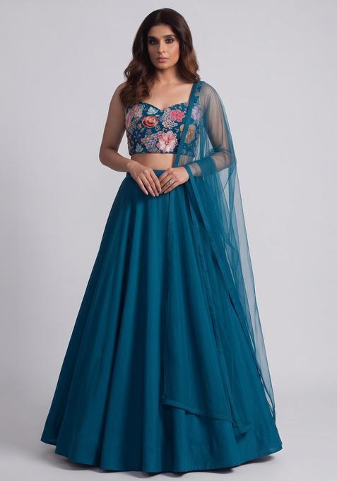 Teal Blue Printed Crepe Lehenga Set