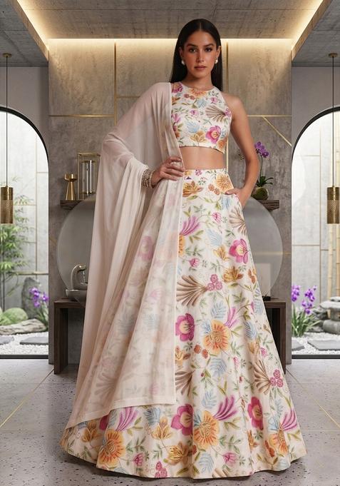 Off White Printed Organza Lehenga Set