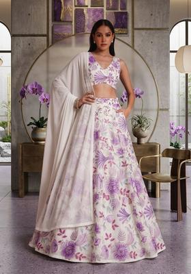 White Printed Organza Lehenga Set
