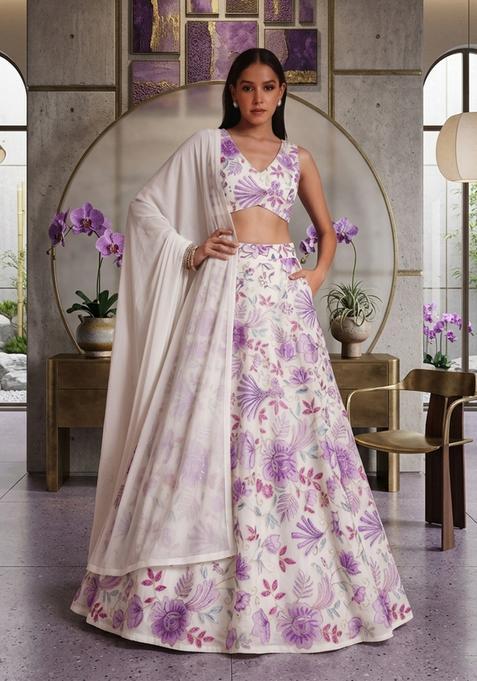 White Printed Organza Lehenga Set