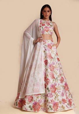Ivory Printed Organza Lehenga Set