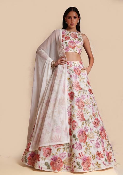 Ivory Printed Organza Lehenga Set