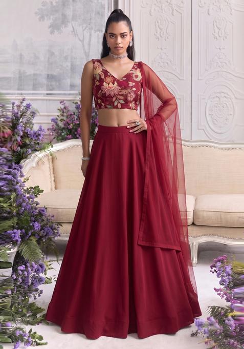 Red Embroidered Organza Lehenga Set