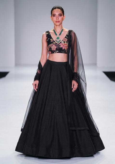 Black Embroidered Organza Lehenga Set