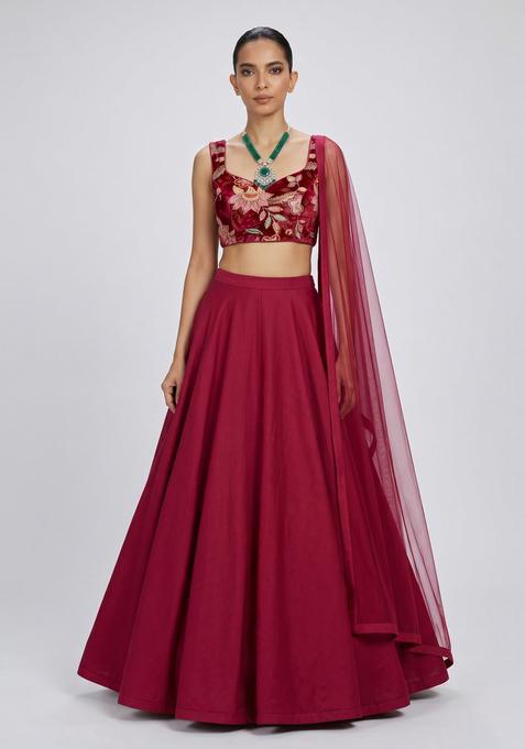 Red Embroidered Organza Lehenga Set