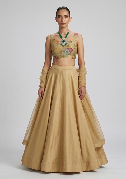 Beige Embroidered Organza Lehenga Set
