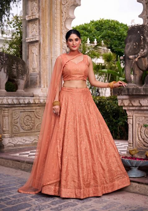 Peach Embroidered Crepe Lehenga Set