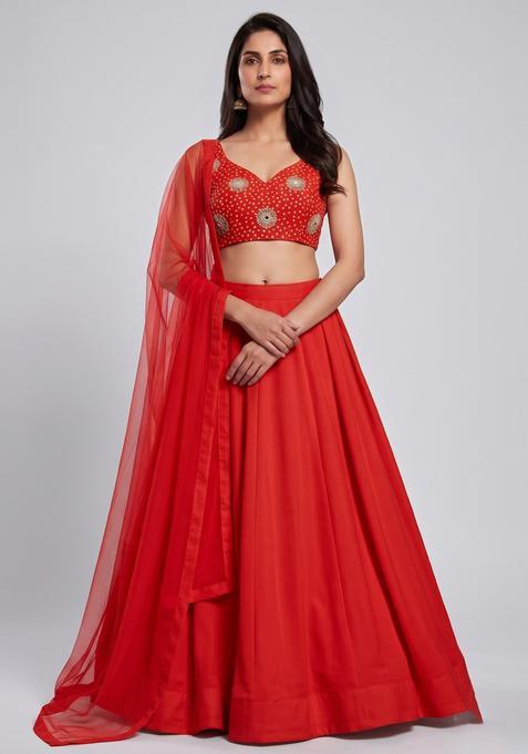 Bright Red Printed Crepe Lehenga Set