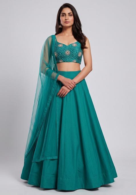 Teal Green Printed Crepe Lehenga Set
